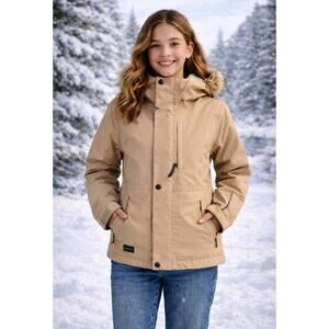 Junior's M Volcom So Minty Tan Hooded Insulated Jacket Faux Fur NWT